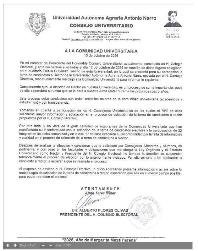 $!Alberto Flores Olivas informó sobre la suspensión temporal del proceso de elección de rector de la UAAAN.