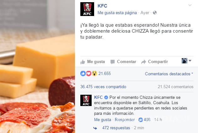 $!KFC crea la 'Chizza' y en México sólo Saltillo la tiene