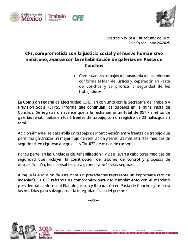 $!Representantes de la CFE y la STPS informan sobre el avance de los trabajos de rehabilitación y rescate en la mina Pasta de Conchos, destacando las medidas de seguridad implementadas.
