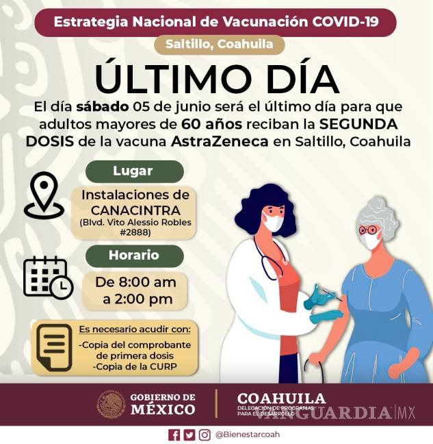 $!Protegidos contra COVID-19 más de 60 mil saltillenses; hoy, último día de vacunación solo en Canacintra