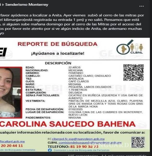 $!Continúa búsqueda de Ana Carolina, sobrina de magistrado coahuilense; se habría extraviado en el Cerro de las Mitras, en Monterrey