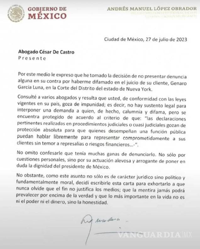 $!‘Tenía muchas ganas de denunciarlo’, revela AMLO en carta dirigida a abogado de García Luna