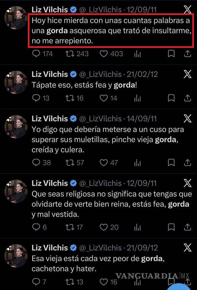 $!Liz Vilchis enfrenta críticas por antiguos tuits de odio; desactiva X y luego recupera su cuenta