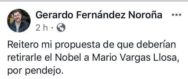$!Noroña pide quitarle el Nobel a Vargas Llosa por ataques a AMLO