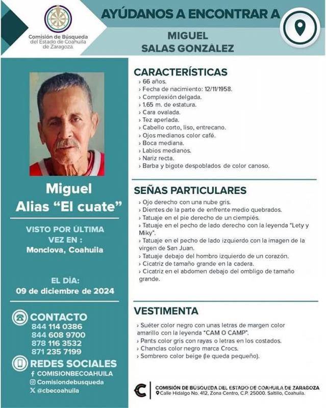 $!La ficha de búsqueda de Miguel Salas, desaparecido el 9 de diciembre en Monclova, incluye detalles sobre su apariencia y un llamado a la ciudadanía para reportar cualquier información.