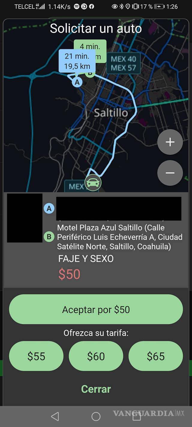 $!Saltillo: Conductores de InDriver exhiben propuestas sexuales que reciben de usuarios mediante la aplicación móvil
