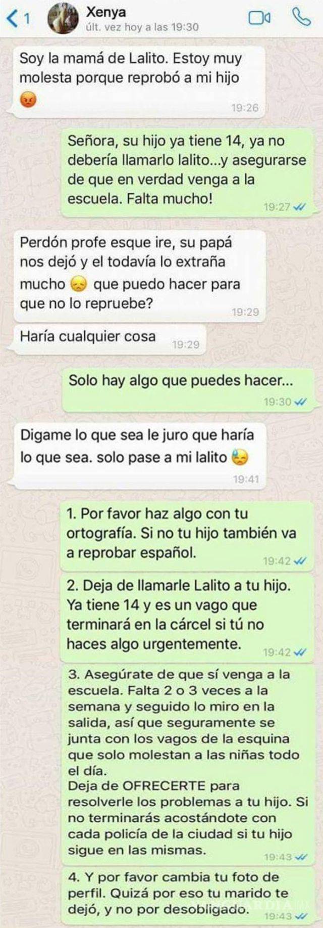 $!Madre 'negocia' con profesor para que no repruebe a su hijo en Whatsapp, y esto pasó