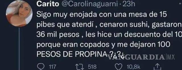 $!Mesera se queja de que le dejaron 20 pesos de propina tras consumir 7 mil