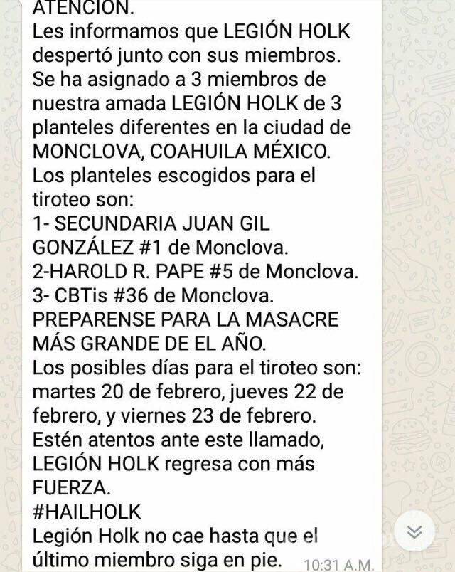 $!Difunden amenaza de 'Legión Holk' a escuelas de Monclova; es falsa: autoridades