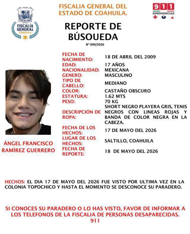 $!Difunde Nuevo León ficha de menor desaparecido en Coahuila