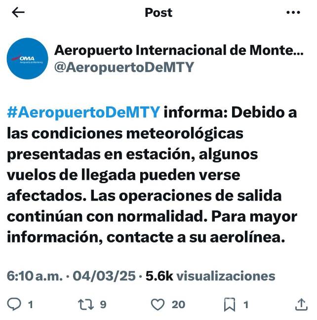 Fuertes vientos en Nuevo León retrasarían llegada de vuelos al Aeropuerto Internacional de Mty