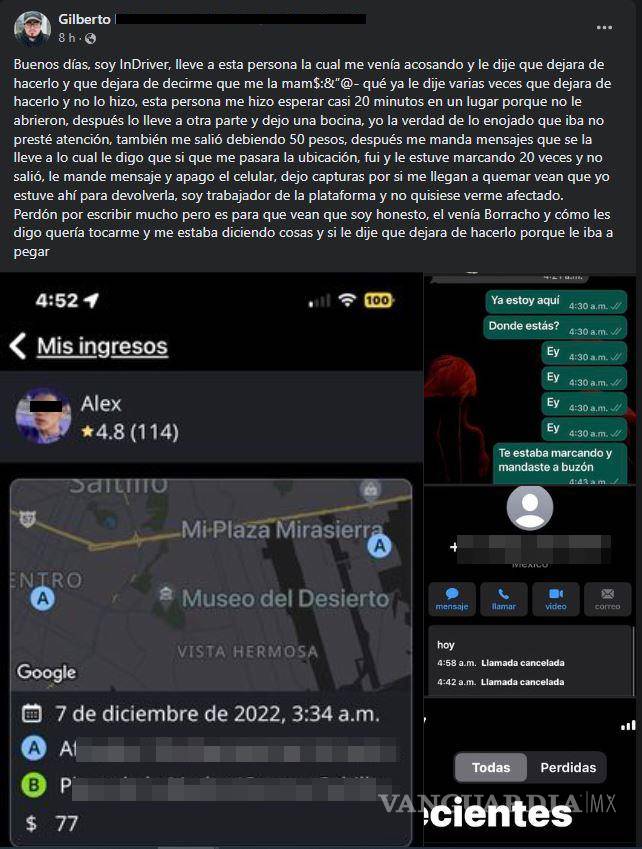 $!Conductor de InDrive expone caso de abuso. Comparte evidencias en redes sociales.