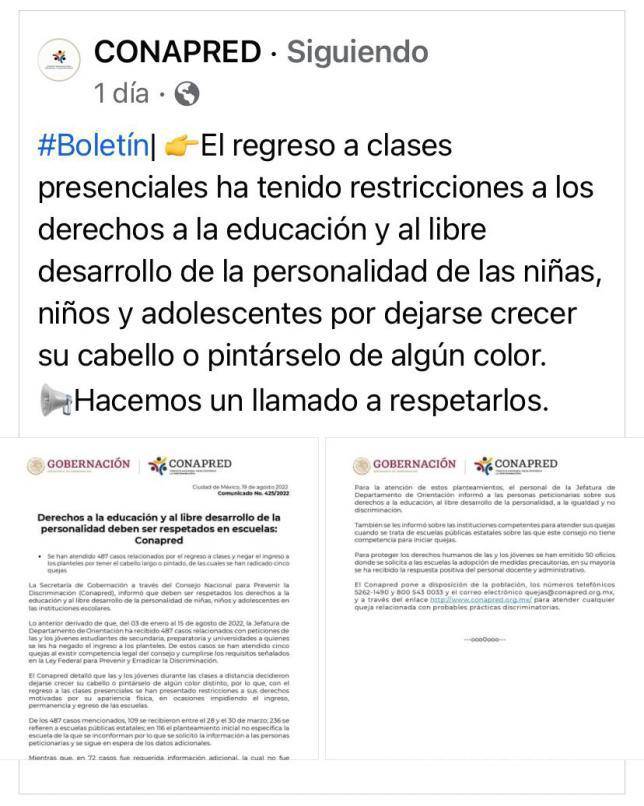 $!Comunicado del Conapred sobre las restricciones escolares por la apariencia física en niñas, niños y adolescentes.