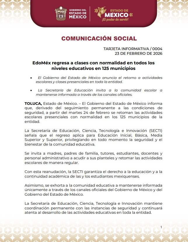 $!125 municipios del Estado de México regresan a clases presenciales tras ola violenta