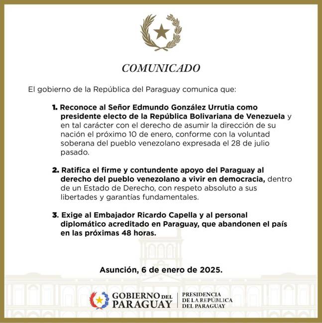 $!Venezuela rompe relaciones diplomáticas con Paraguay tras declaraciones de apoyo a la oposición