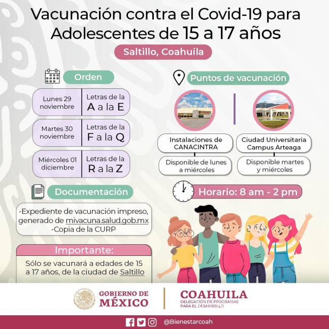 $!Anuncian vacunación COVID-19 para adolescentes de 15 a 17 años en Saltillo