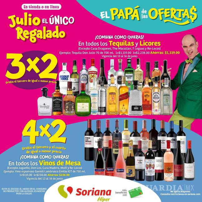 $!¿Regalo para Papá? Soriana por al 3x2 y 4x2 tequilas, vino y licores por ‘Julio Regalado’ ¿Cómo aplica la promoción?