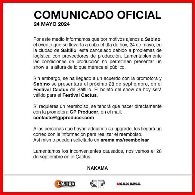 $!El comunicado confirmó que Sabino se unirá al festival que tendrá se segunda edición.
