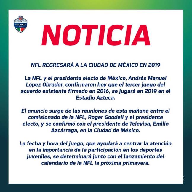 $!¡Confirman juego de la NFL en México en el 2019!