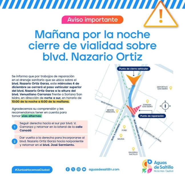 $!Saltillo: Cerrarán la noche del miércoles viaducto del distribuidor que conecta al bulevar V. Carranza con el Nazario