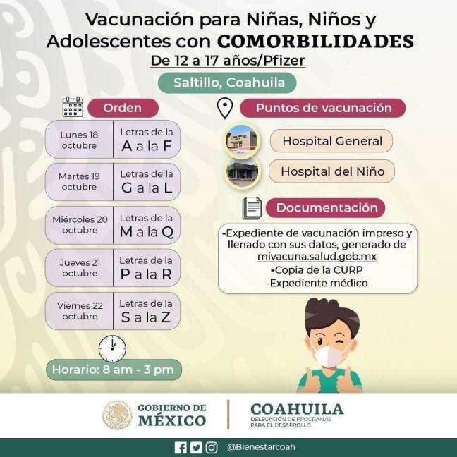$!Iniciará vacunación contra COVID-19 a menores con comorbilidades en Saltillo