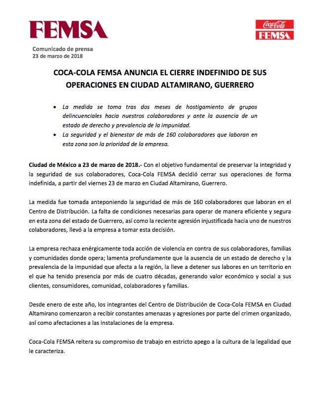 $!Violencia obliga a Coca-Cola Femsa a cerrar en Ciudad Altamirano