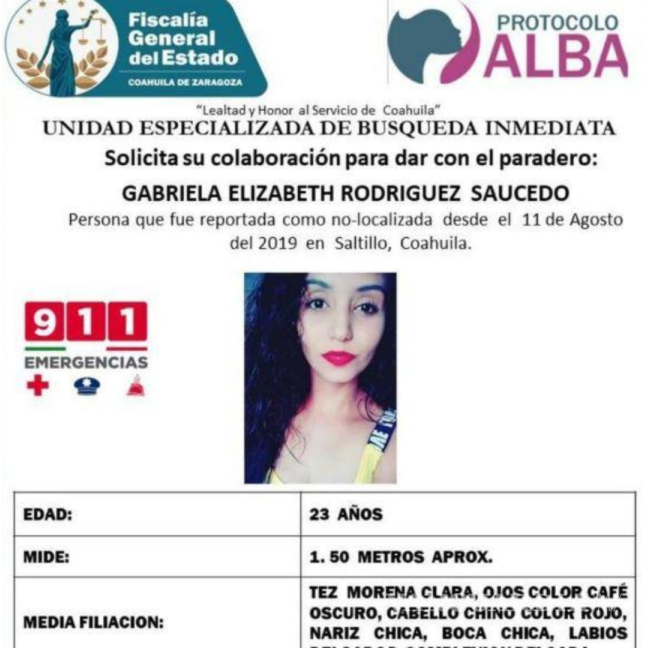 $!Aquí vemos parte de la ficha de búsqueda que lanzó la Unidad Especializada de Búsqueda Inmediata de la FGE con los generales de Gabriela.