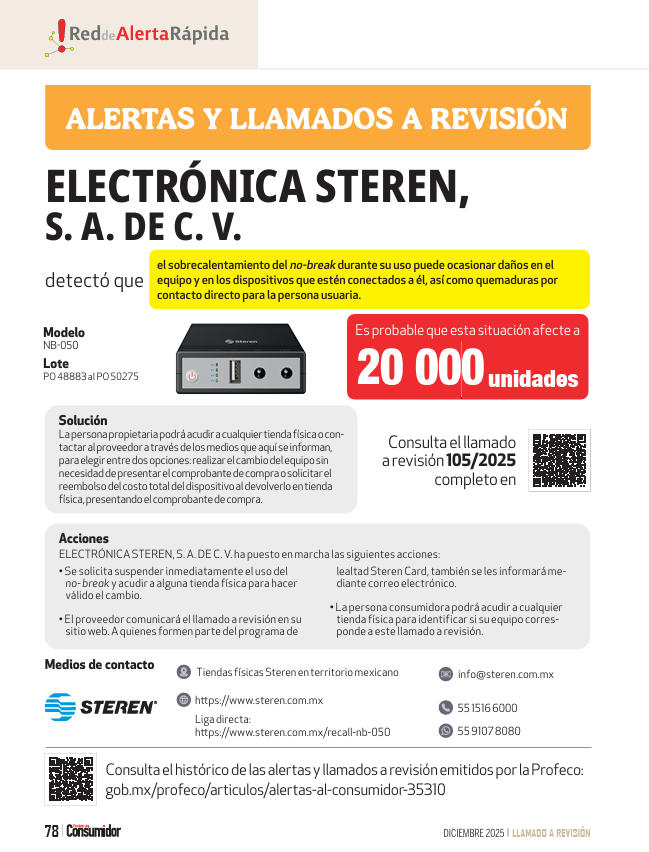 $!Boletín de llamado a revisión para no-break de la marca Steren.