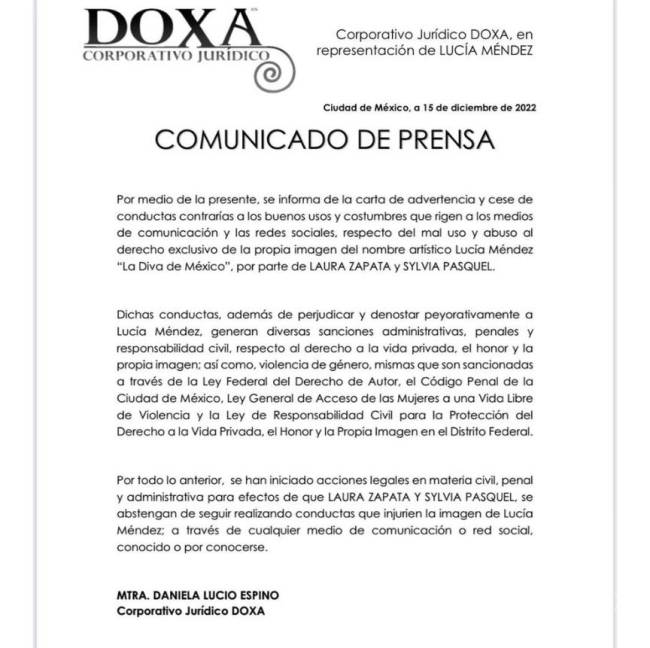 $!Lucía Méndez lanzó un comunicado para anunciar su decisión.