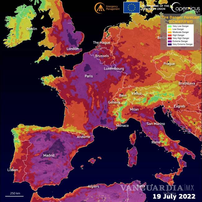 $!El pronóstico del índice meteorológico de incendios (FWI) del Sistema Europeo de Información sobre Incendios Forestales (EFFIS) para Europa occidental.