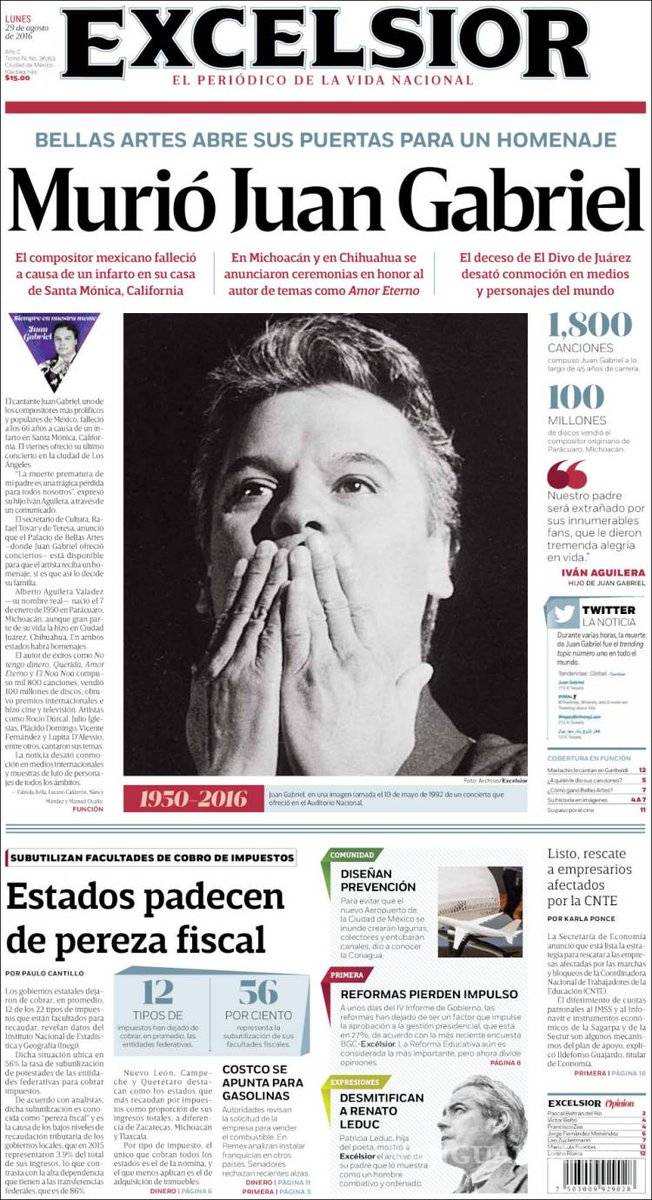 $!Así despidieron los periódicos del mundo a Juan Gabriel