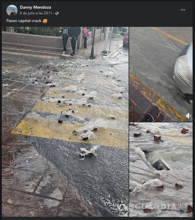 $!Corriente de agua deshace piso de Paseo Capital en Saltillo.