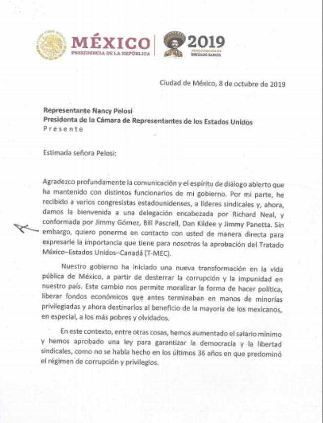 $!Con esta carta AMLO pidió a Nancy Pelosi no demorar aval del T-MEC por elecciones en EU