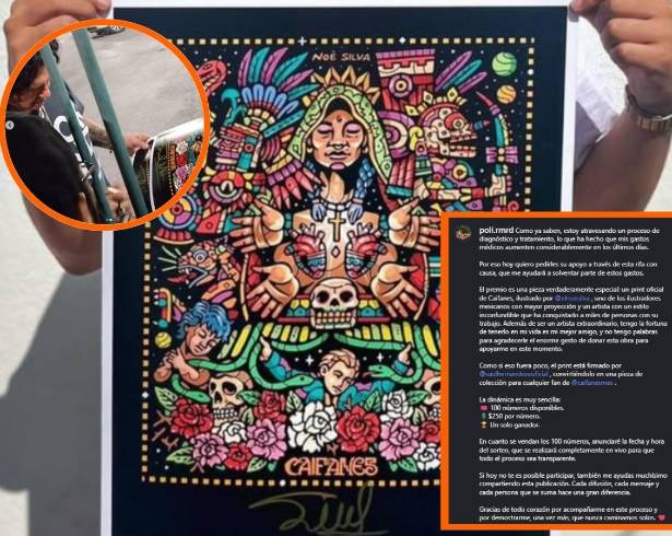 Rifan ilustración de Caifanes por Noe Silva firmada por Saúl Hernández en Saltillo.