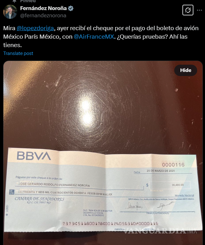 $!‘Mira, López-Dóriga, ¿querías pruebas? Ahí las tienes’: Noroña presenta cheque de pago por viaje a París