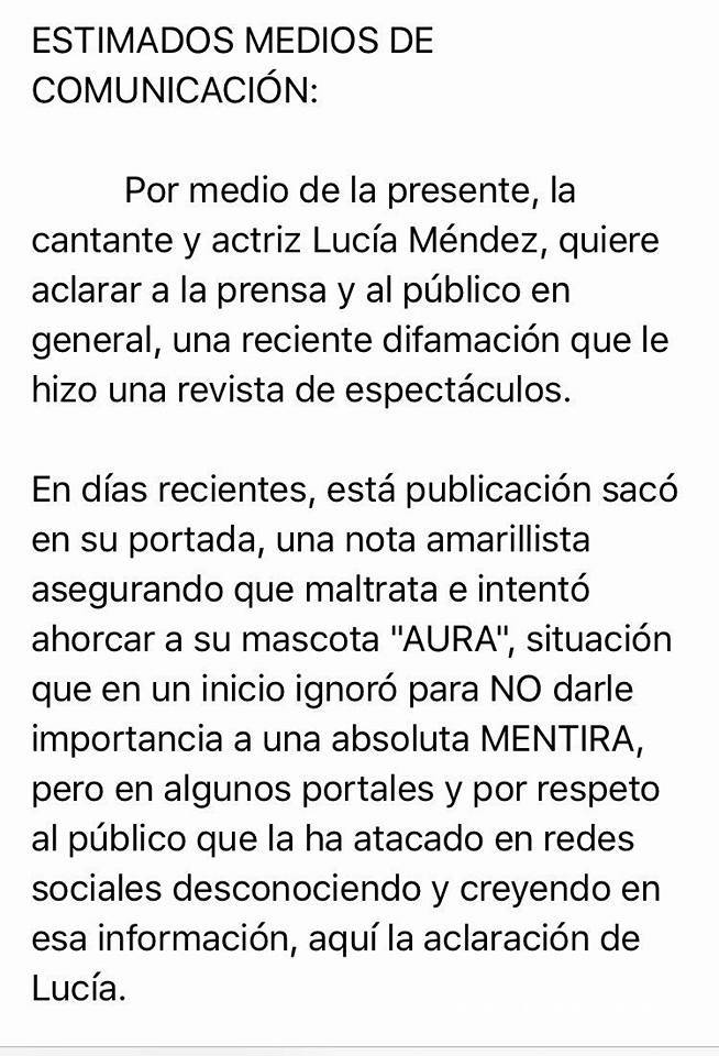 $!"Nunca he maltratado a animales", aclara Lucía Méndez