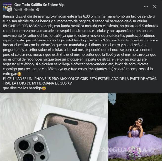 $!Una joven denuncia el robo de su celular, un iPhone 15 Pro Max, por parte de un taxista en Saltillo.