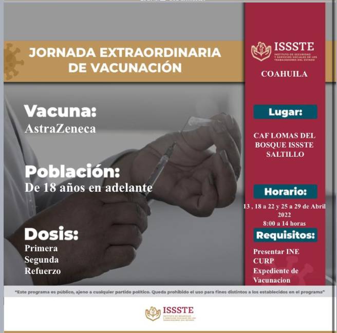 Realizará ISSSTE jornada extraordinaria de vacunación anti-COVID en Saltillo