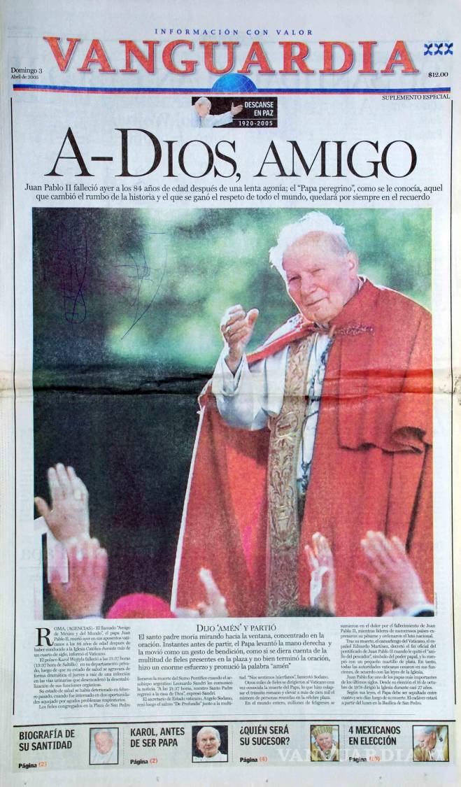 $!En sus 50 años, así publicó VANGUARDIA la muerte de Juan Pablo I y II, Benedicto y Paulo VI