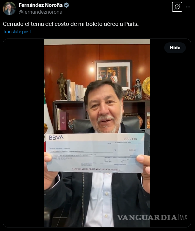 $!‘Mira, López-Dóriga, ¿querías pruebas? Ahí las tienes’: Noroña presenta cheque de pago por viaje a París