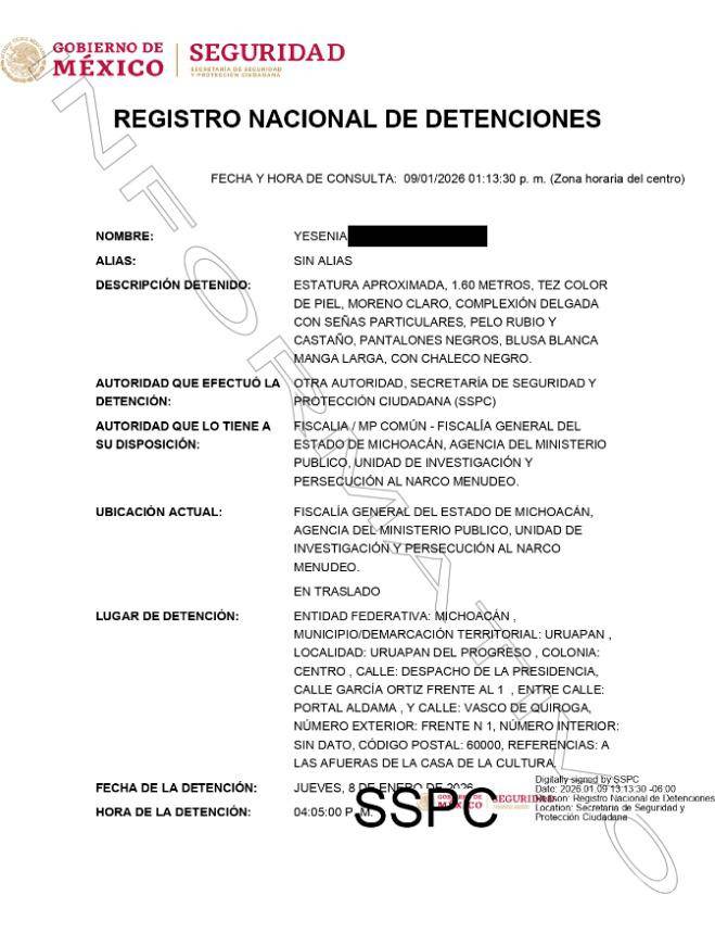 $!SSPC detuvo a Yesenia ‘N’, secretaria de Grecia Quiroz, por asesinato del alcalde Carlos Manzo en Uruapan