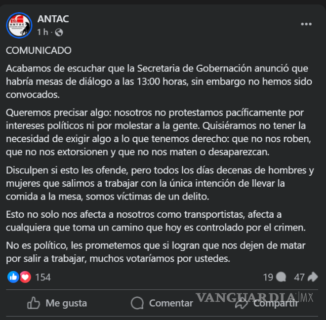 $!ANTAC insiste en que no hay diálogo formal con Segob pese a la convocatoria pública.