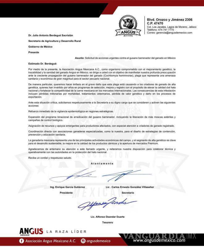 $!La Asociación Angus Mexicana manifestó su profunda preocupación por la propagación del gusano barrenador; envía carta al titular de la Secretaría de Agricultura y Desarrollo Rural.