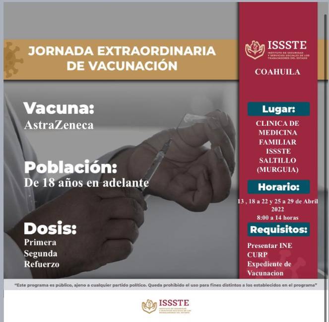 Realizará ISSSTE jornada extraordinaria de vacunación anti-COVID en Saltillo
