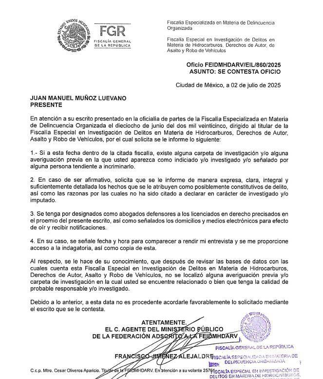 $!Este es el documento que circuló este jueves concerniente a la solicitud que hizo Muñoz Luévano ante la FGR.