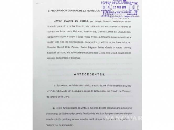 $!Javier Duarte se pone a disposición de la PGR para investigación sobre desaparición forzada