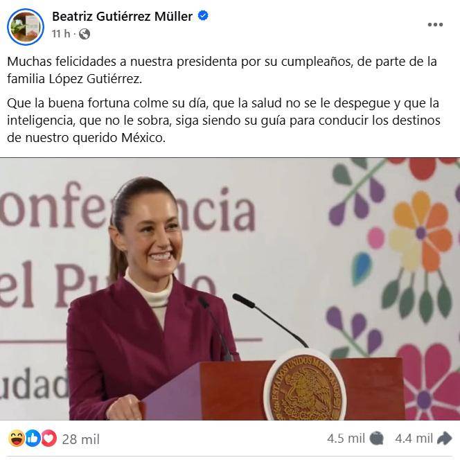 $!Luego de 11 horas de su publicación, el post de Beatriz Gutiérrez no había sido editado.