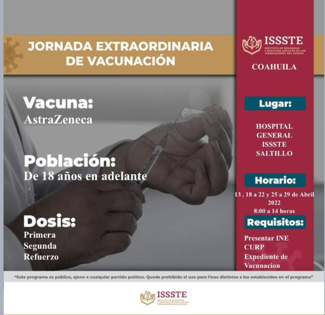 Realizará ISSSTE jornada extraordinaria de vacunación anti-COVID en Saltillo