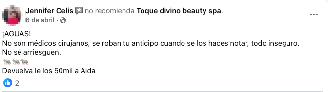 $!Captura de la página de Facebook de Toque Divino, donde clientes alertan sobre la falta de certificación médica.