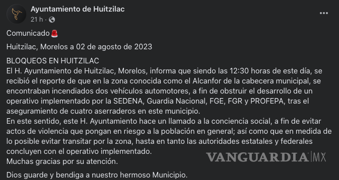 $!El ayuntamiento realizó un comunicado exhortando a la población de Huitzilac de evitar transitar por la zona
